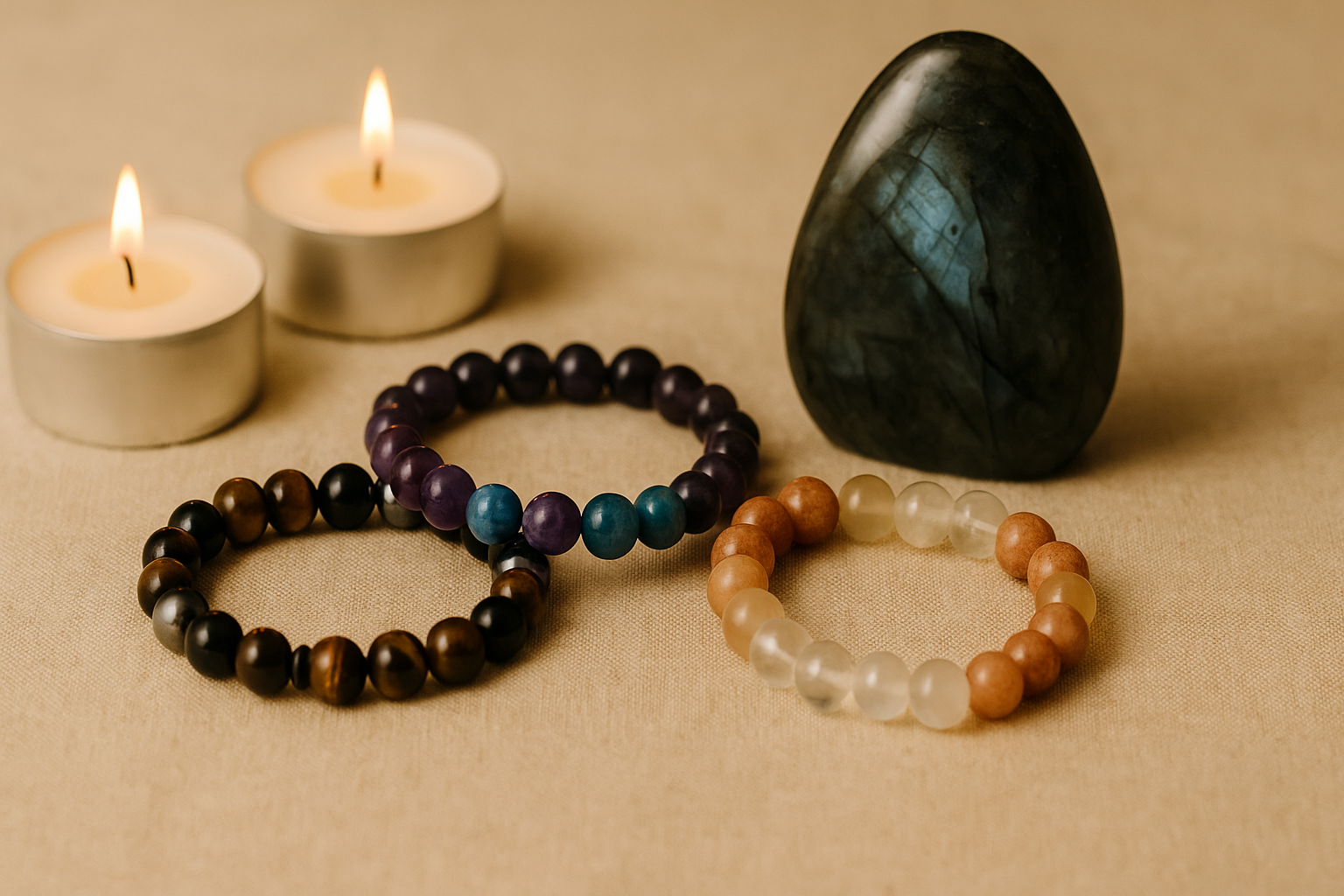 image représentant 3 bracelets, une pierre labradorite et 2 bougies
