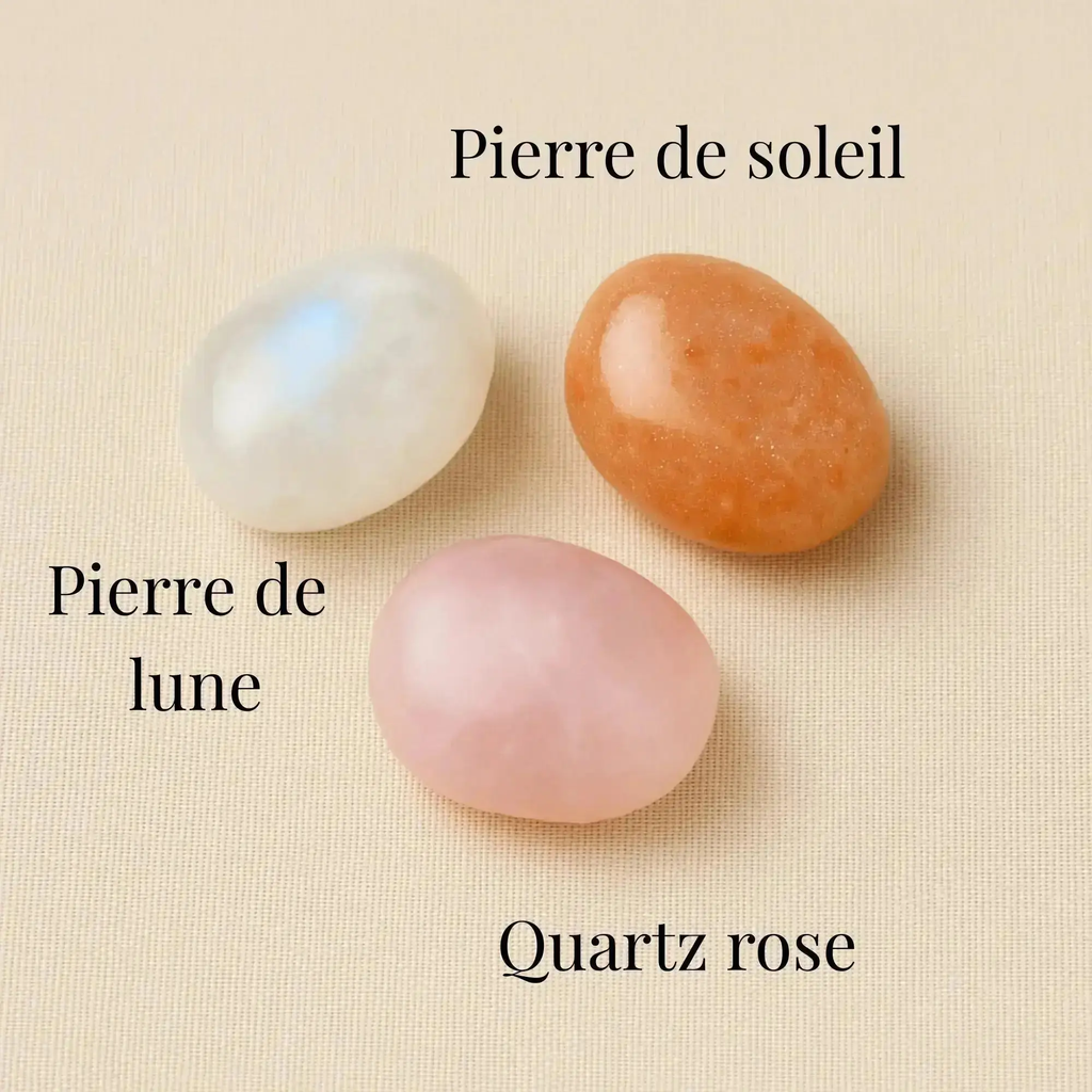 image représentant les pierres roulée quartz rose, pierre de lune et pierre de soleil Alunéa