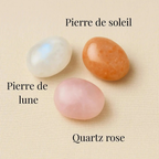 image représentant les pierres roulée quartz rose, pierre de lune et pierre de soleil Alunéa