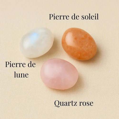 image représentant les pierres roulée quartz rose, pierre de lune et pierre de soleil Alunéa